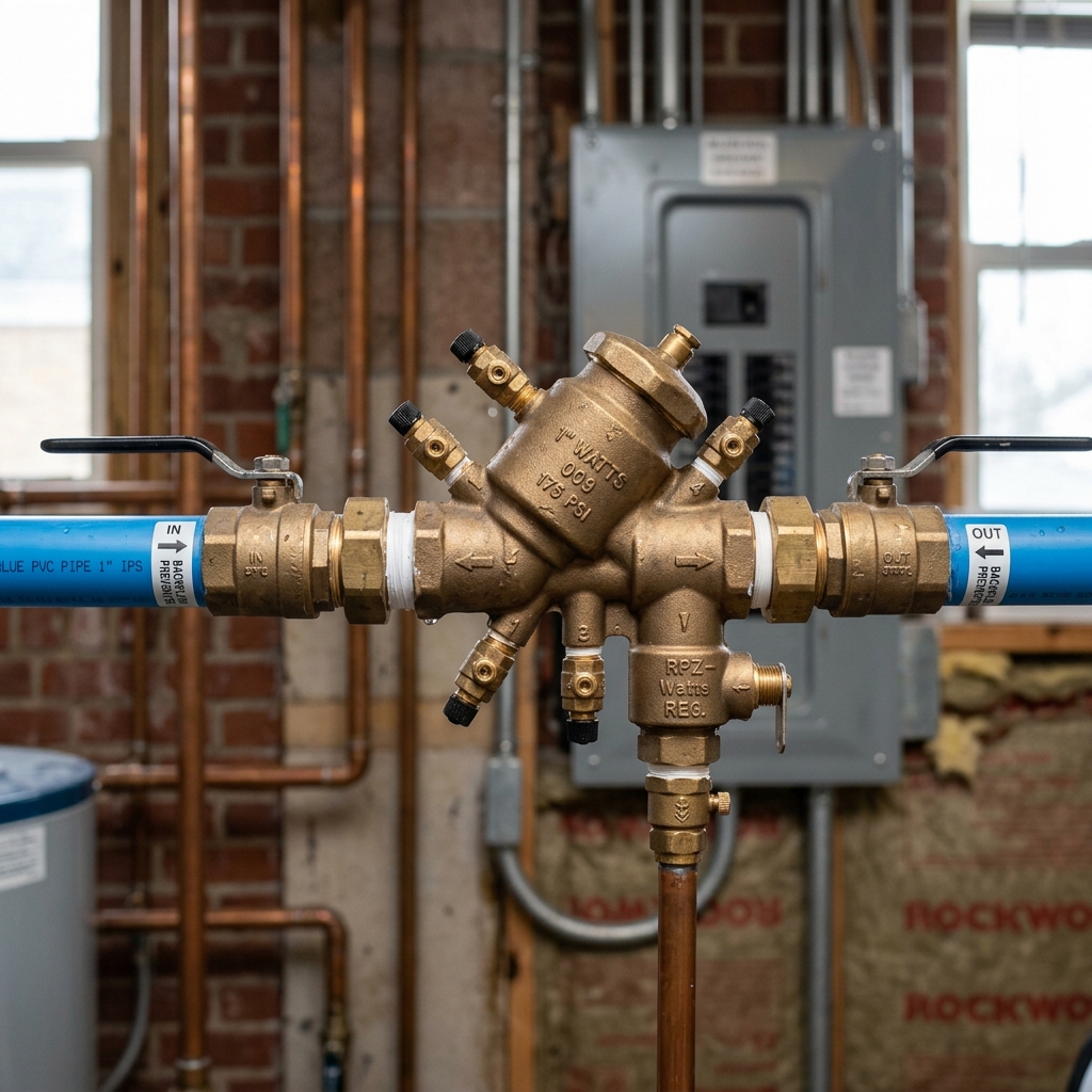 Brass backflow prevention RPZ valve on water line