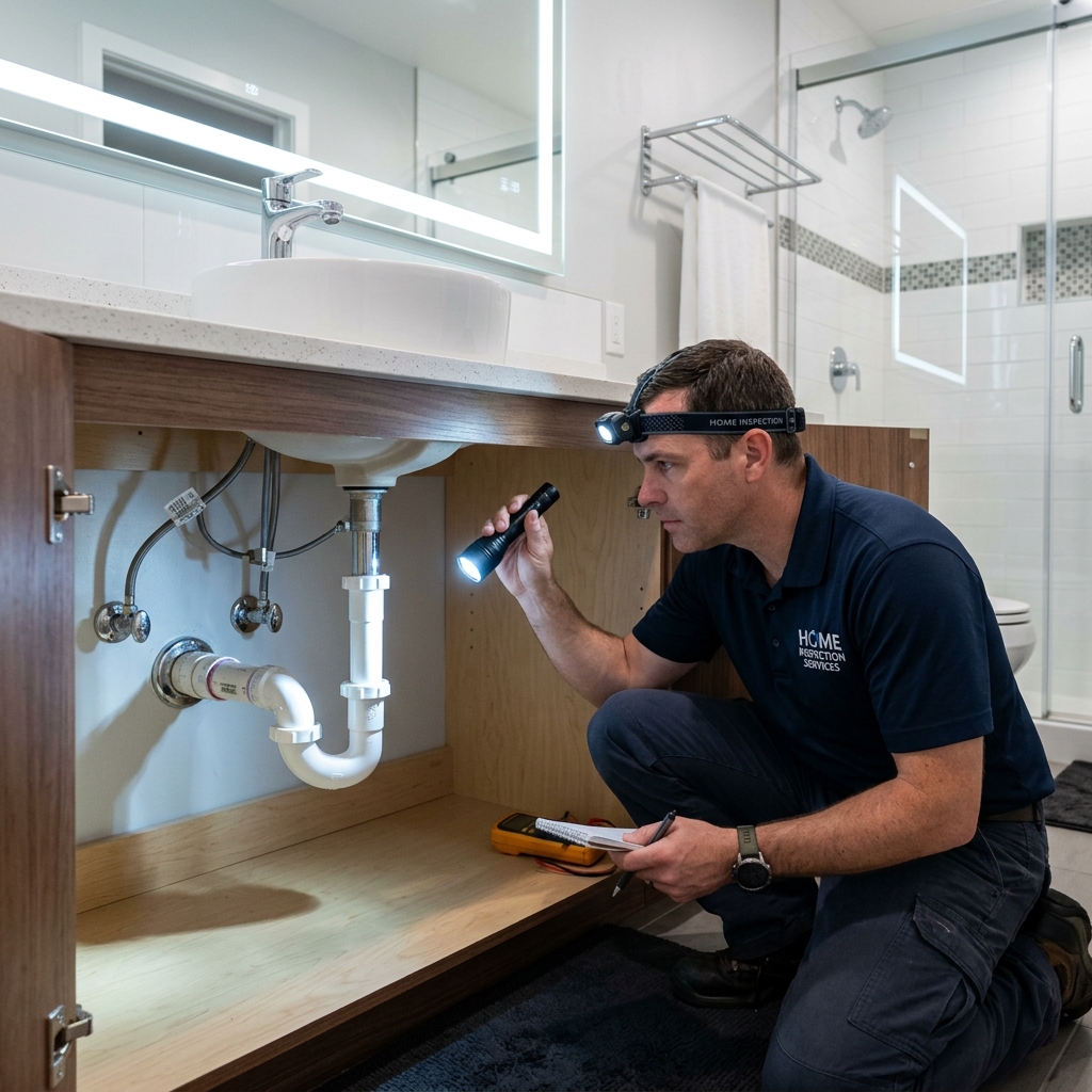 Plumber inspecting pipes during new home plumbing inspection