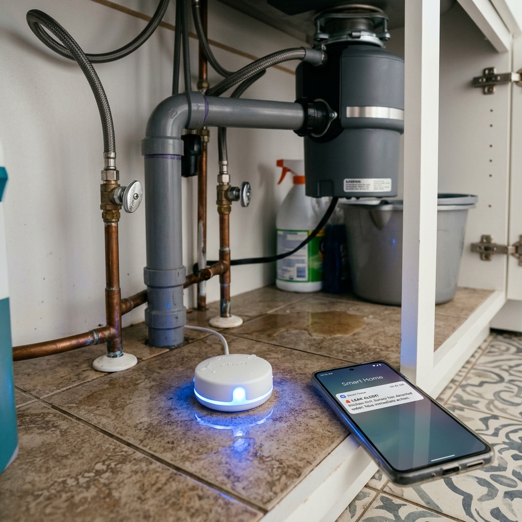 Smart water leak sensor near pipes with smartphone alert